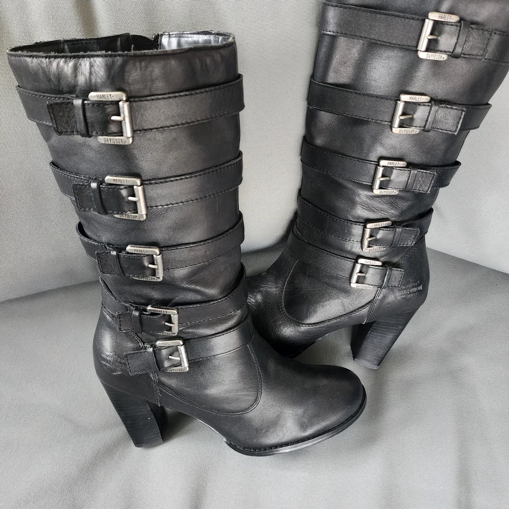 Harley-Davidson Black Strapped Leather Heeled Knee Boots - Picture 1 of 7